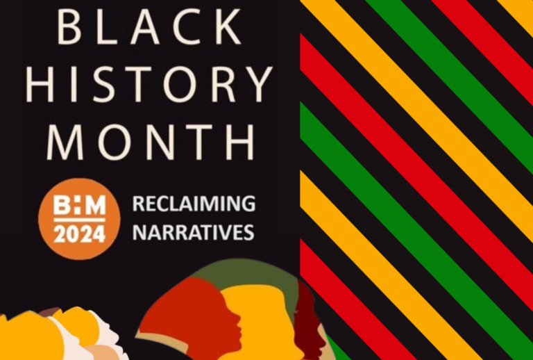 Image shows the side profile of different people with text: Black History Month BHM 2024 Reclaiming Narratives